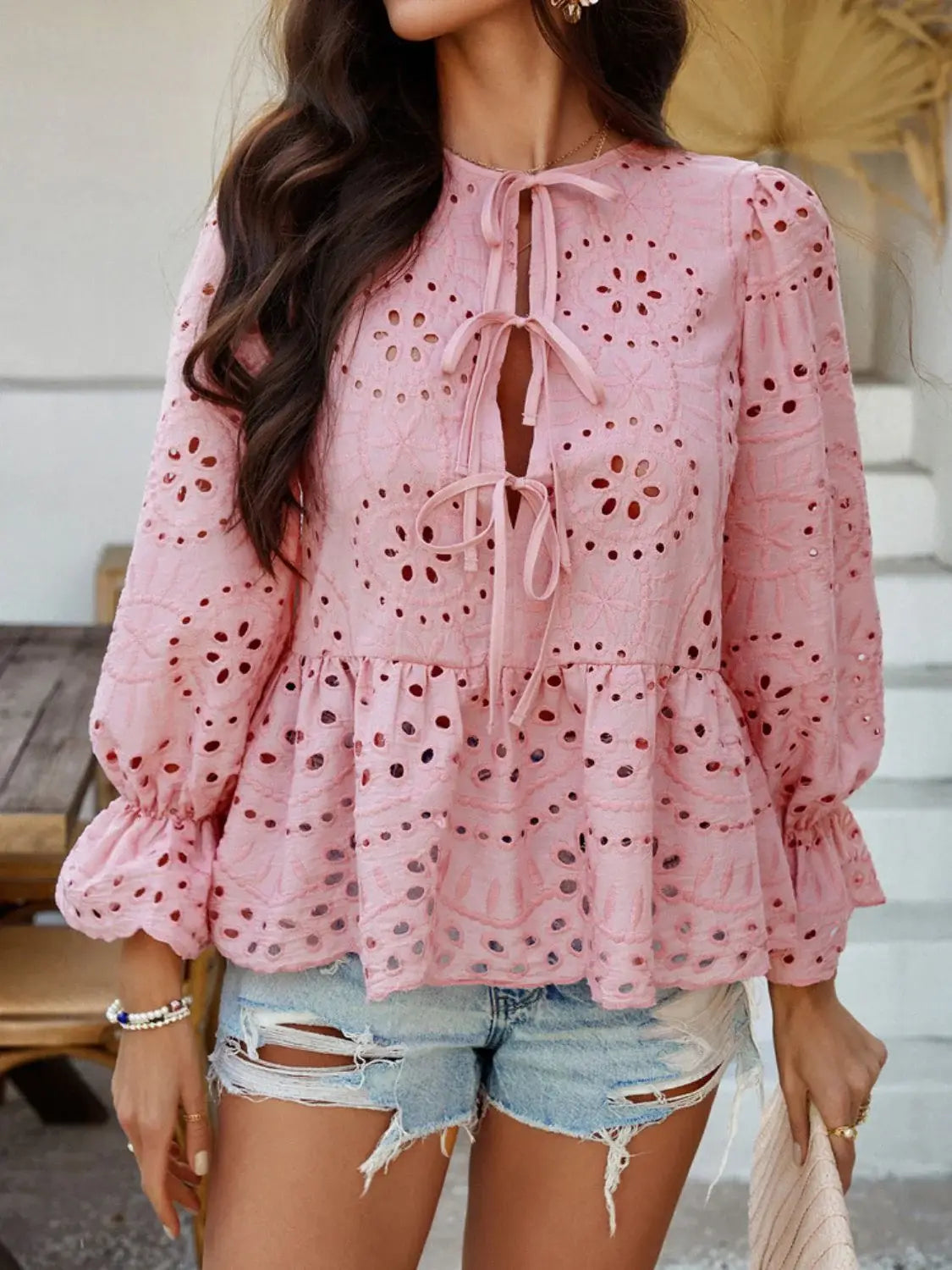 Devine Tie Front Flounce Sleeve Peplum Blouse - Trendsi - Flyclothing LLC