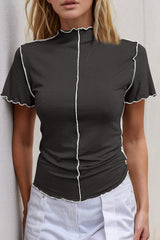 Basic Bae Contrast Trim Mock Neck Short Sleeve T-Shirt - Trendsi - Flyclothing LLC