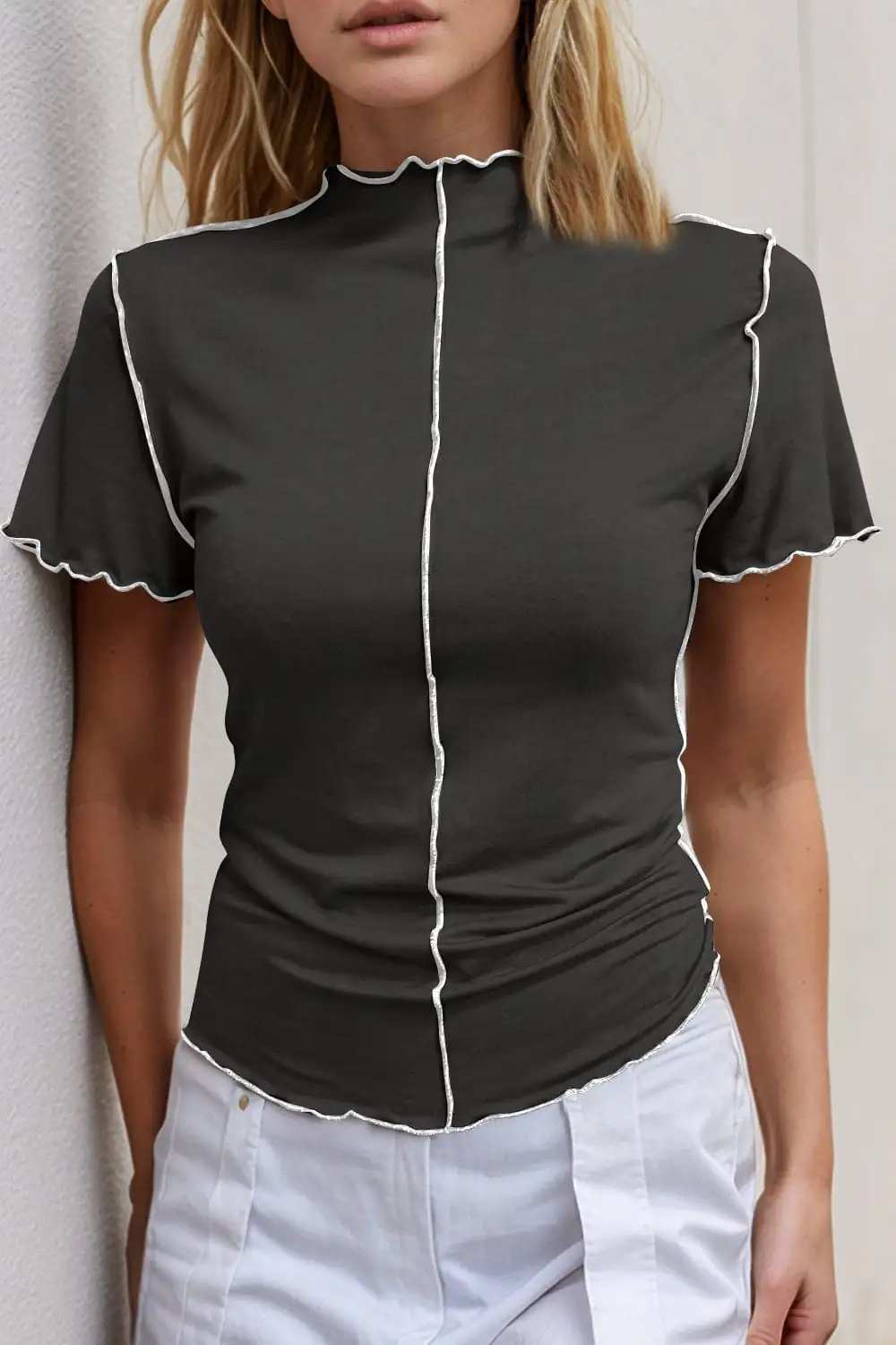 Basic Bae Contrast Trim Mock Neck Short Sleeve T-Shirt - Trendsi - Flyclothing LLC