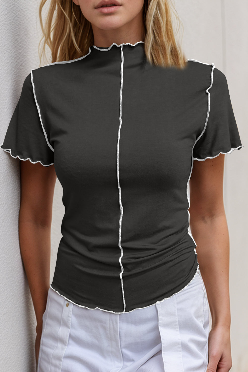 Basic Bae Contrast Trim Mock Neck Short Sleeve T-Shirt - ShopBasicbae - Flyclothing LLC