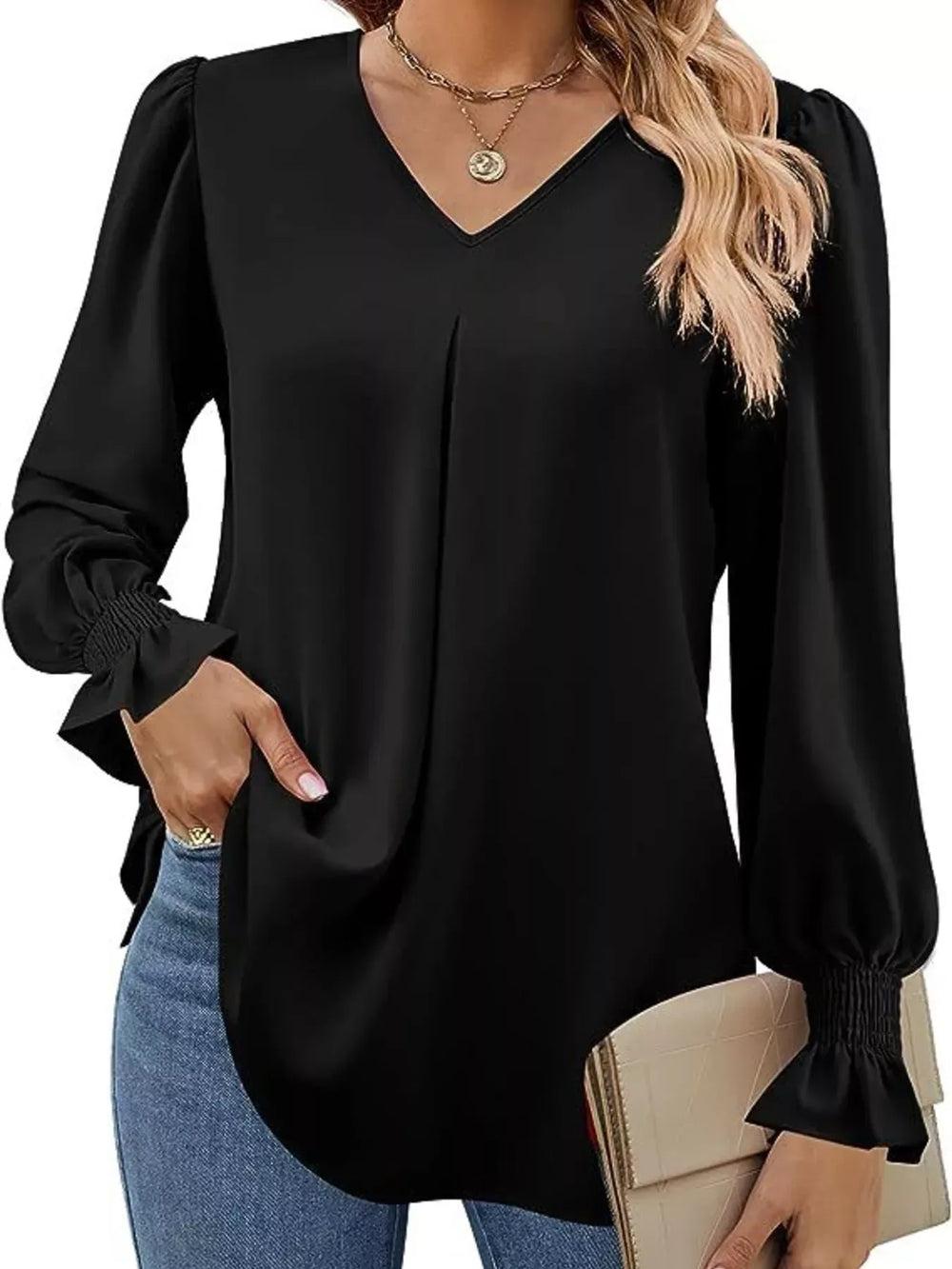V-Neck Long Sleeve Ruffle Cuff Blouse - Trendsi - Flyclothing LLC