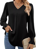 V-Neck Long Sleeve Ruffle Cuff Blouse - Trendsi - Flyclothing LLC