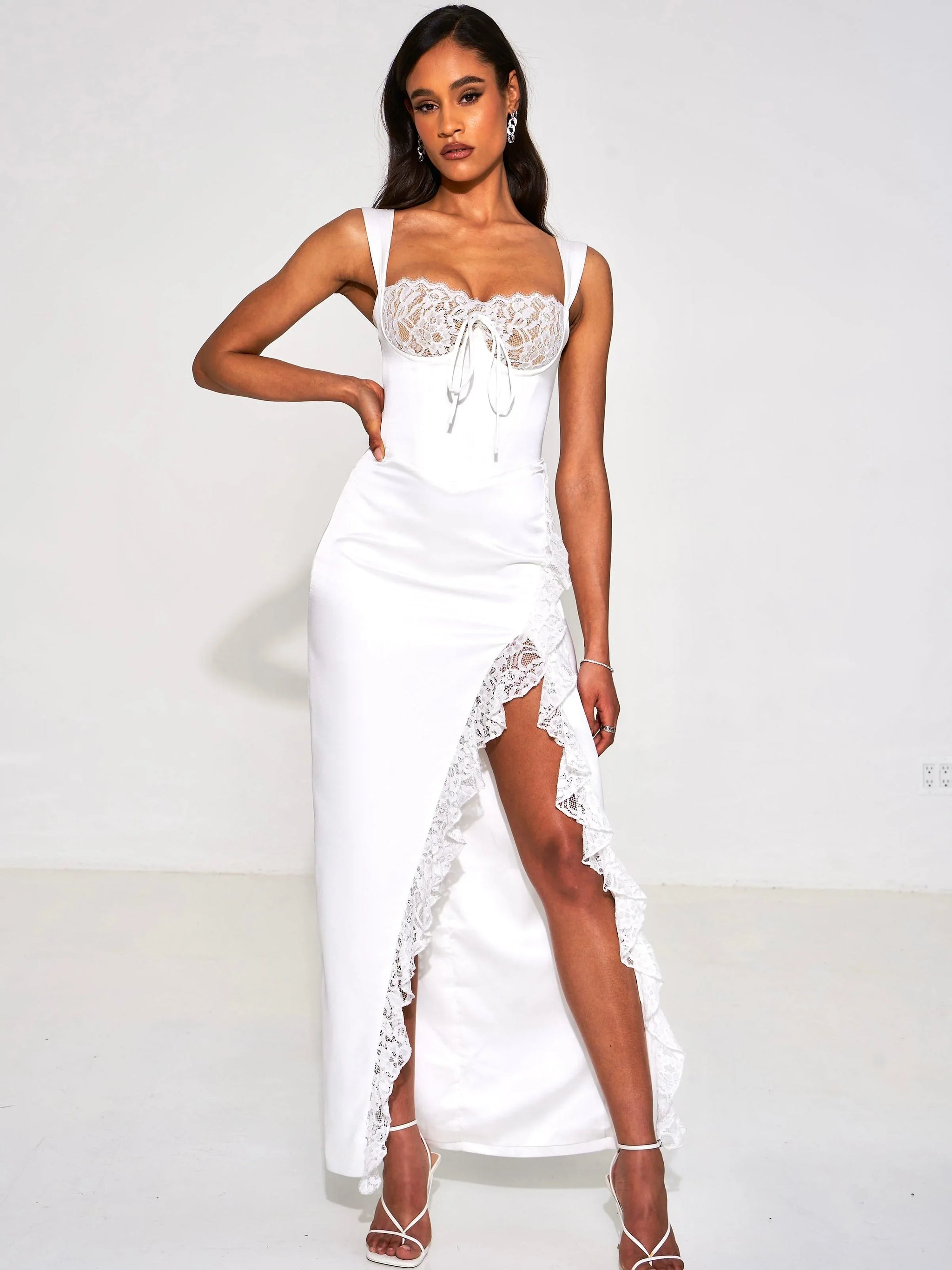 Freddie White Lace Satin Maxi Corset Dress - Miss Circle - Flyclothing LLC