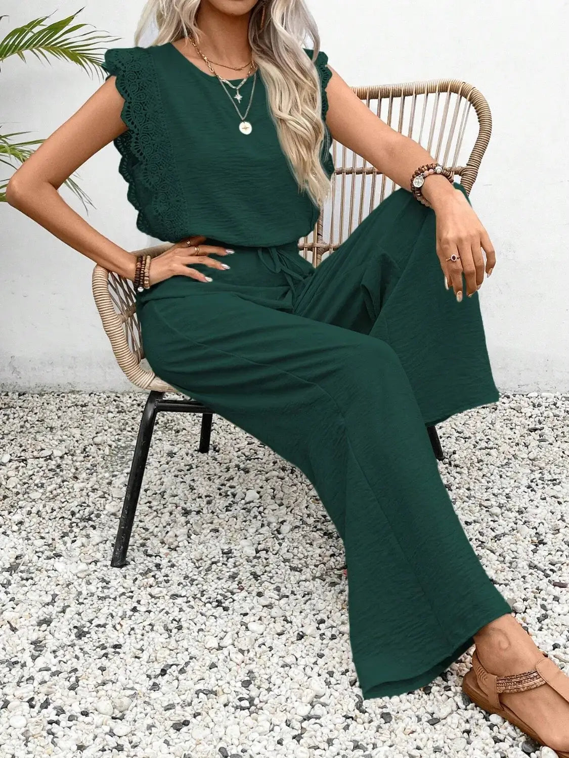 Lace Trim Round Neck Top and Pants Set - Trendsi - Flyclothing LLC