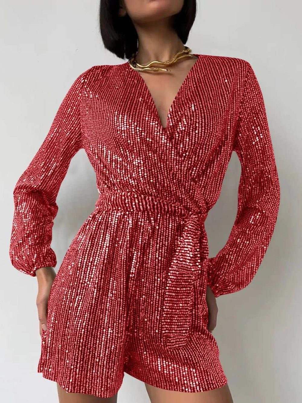 Full Size Sequin Surplice Tie Waist Long Sleeve Romper - Trendsi - Flyclothing LLC