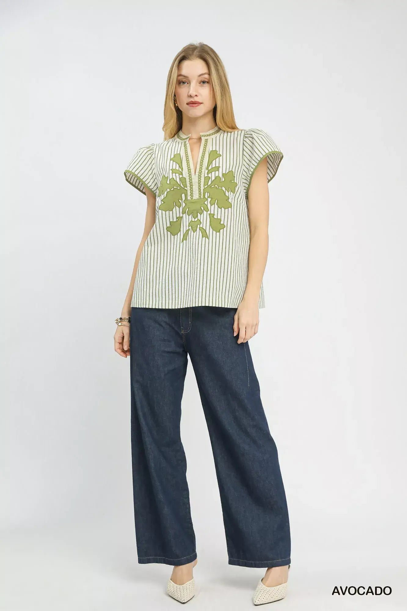 Umgee V-Neck Stripe Top with Lace Trim - Trendsi - Flyclothing LLC