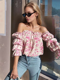 Printed Off-Shoulder Flounce Sleeve Blouse - Trendsi