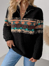 Quarter Zip Geometric Long Sleeve Sweatshirt - Trendsi - Flyclothing LLC