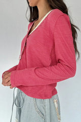 Lace Trim Ribbed Knit Henley Blouse - Trendsi - Flyclothing LLC