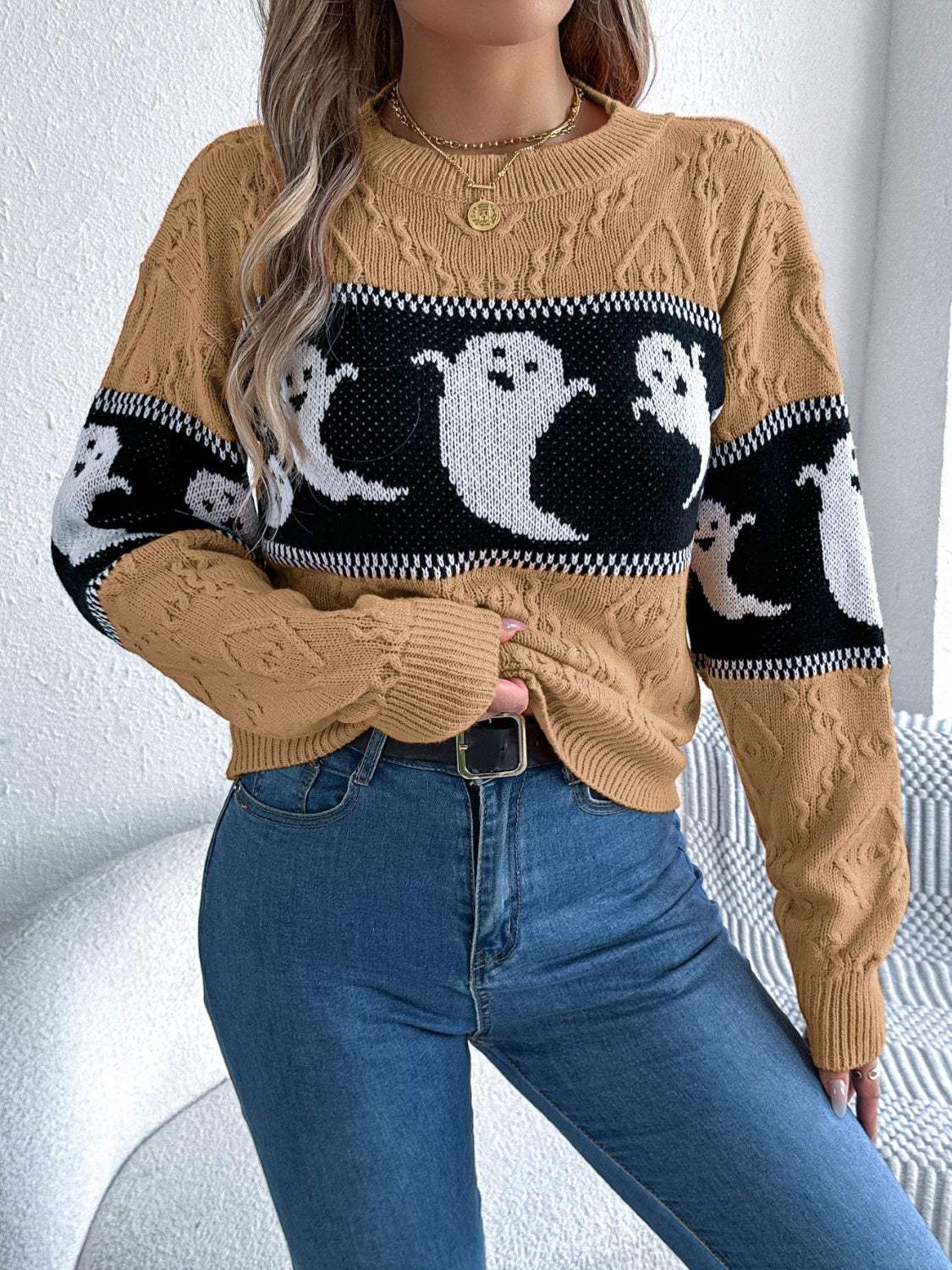 Ghost Round Neck Long Sleeve Sweater - Trendsi - Flyclothing LLC