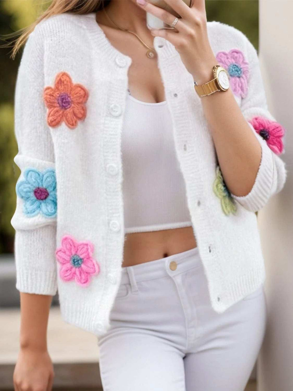 Flower Dropped Shoulder Long Sleeve Cardigan - Trendsi - Flyclothing LLC