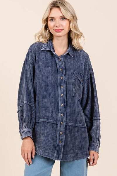 Mittoshop Textured Collared Neck Long Sleeve Shirt - Trendsi - Flyclothing LLC