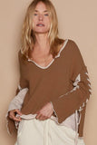 POL Lace-Up Sleeve Color Block Ribbed Knit Top - Trendsi