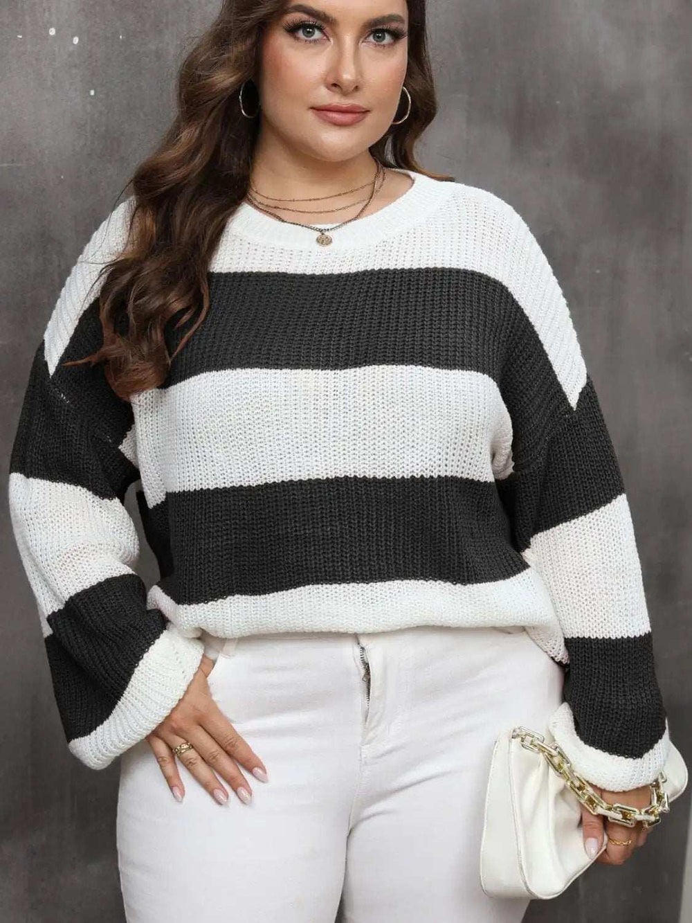 Plus Size Striped Round Neck Long Sleeve Sweater - Trendsi - Flyclothing LLC
