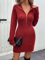 Perfee Cable-Knit Half Zip Long Sleeve Sweater Dress - Trendsi