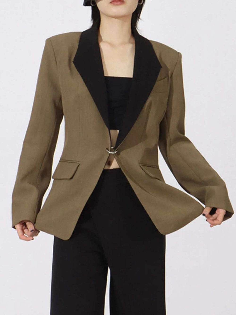 Contrast Lapel Collar Long Sleeve Blazer - Trendsi - Flyclothing LLC