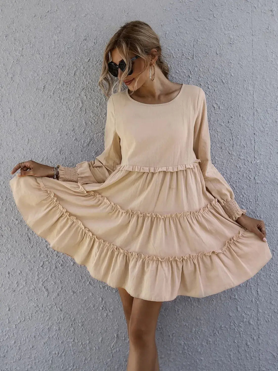 Frill Tiered Long Sleeve Mini Dress - Trendsi - Flyclothing LLC