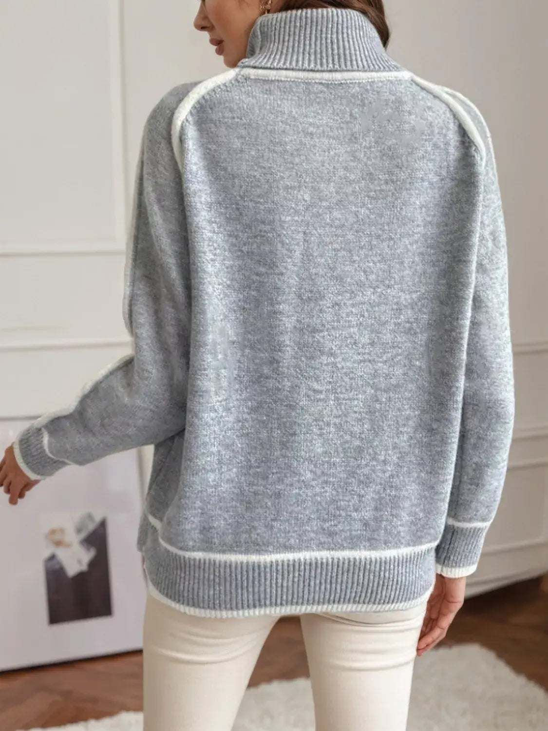 Full Size Turtleneck Contrast Trim Sweater Plus Size - Trendsi - Flyclothing LLC
