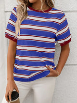 Contrast Striped Round Neck Short Sleeve T-Shirt - Trendsi - Flyclothing LLC