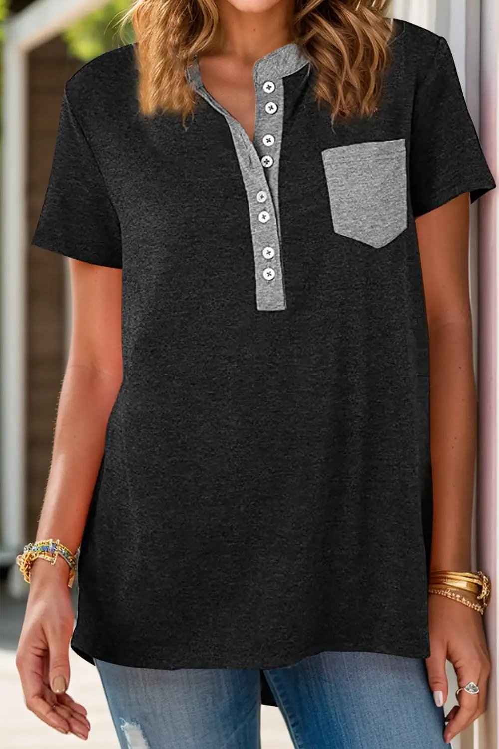 Full Size Half Button Short Sleeve T-Shirt - Trendsi