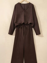 Braided V Neck Long Sleeve Loose Top and Drawstring High Waist Pants 2pcs Outfit - Trendsi - Flyclothing LLC