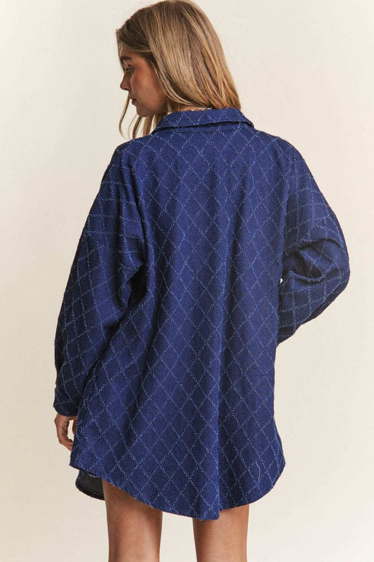 J.NNA Rhombus Stitched Button Up Denim Shacket - Trendsi - Flyclothing LLC