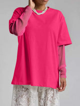 Faux Layered Round Neck Mesh Sleeve Top - Trendsi - Flyclothing LLC