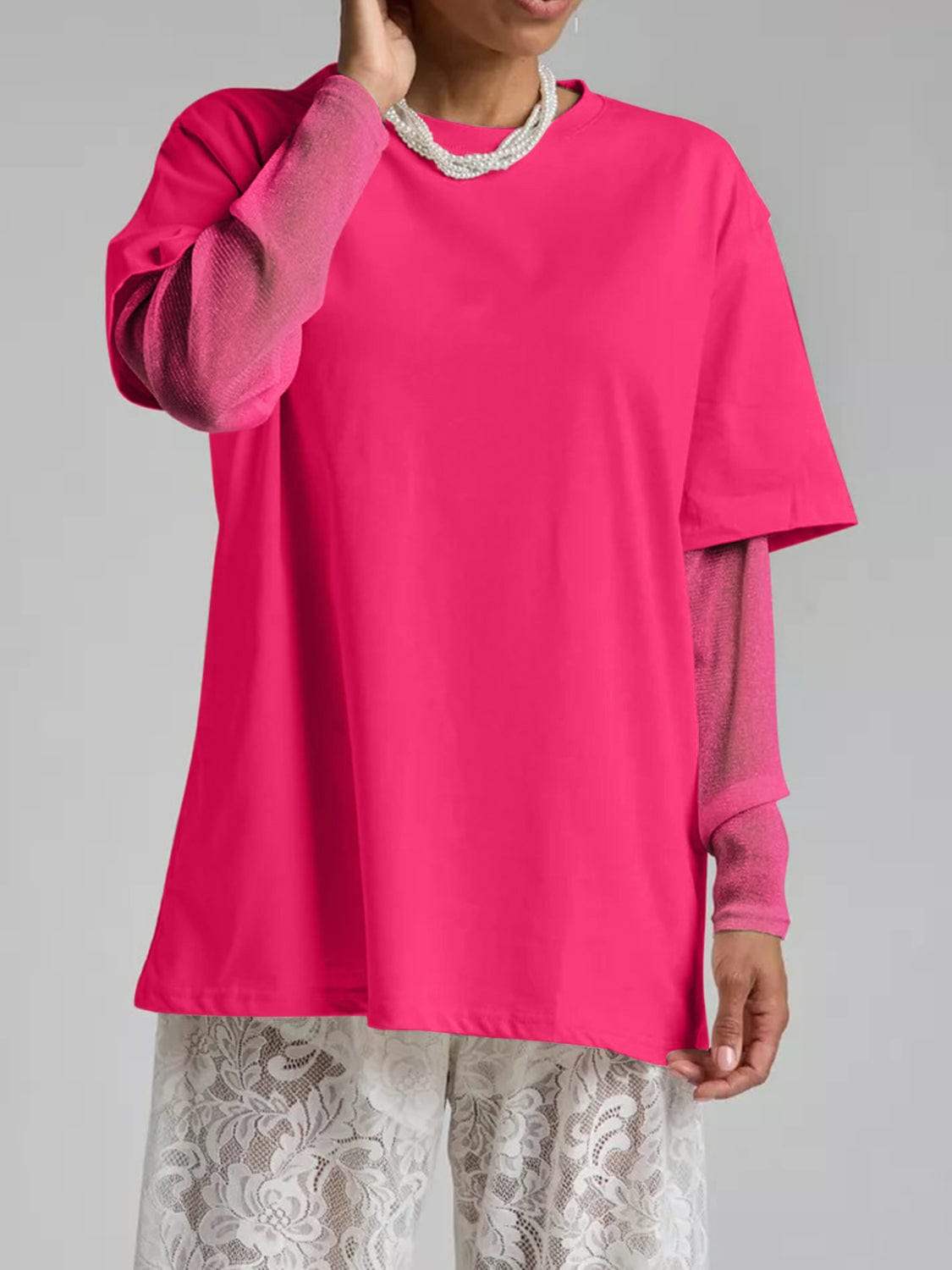 Faux Layered Round Neck Mesh Sleeve Top - Trendsi - Flyclothing LLC