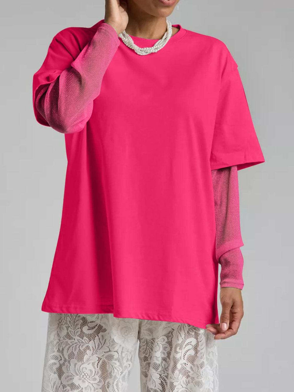 Faux Layered Round Neck Mesh Sleeve Top - Trendsi - Flyclothing LLC