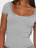 Lace Detail Scoop Neck Short Sleeve T-Shirt - Trendsi - Flyclothing LLC