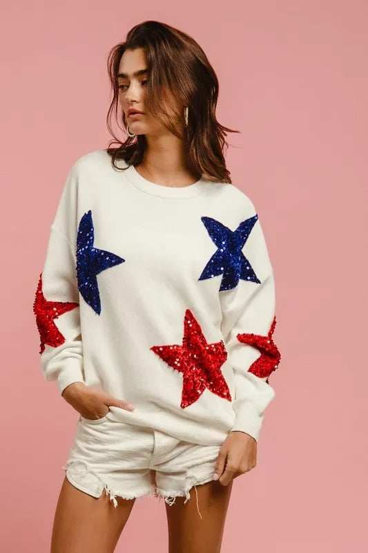 BiBi Velvet Sequin Star Patches Sweater Top - Trendsi - Flyclothing LLC