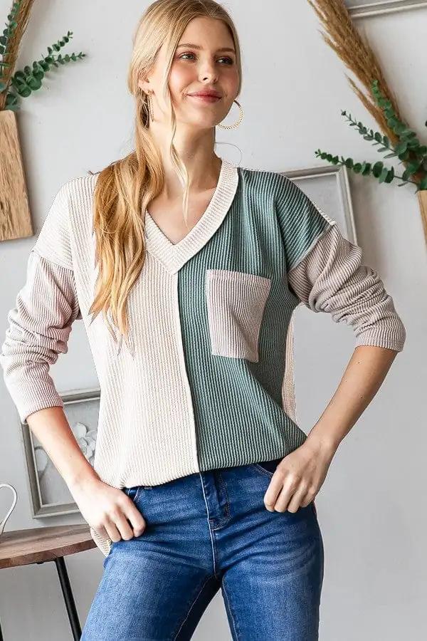 Heimish Color Block Exposed Seam Ribbed T-Shirt - Trendsi