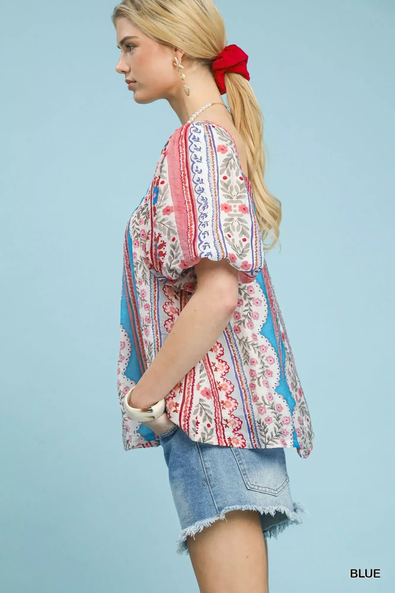 Umgee Patchwork Puff Sleeve Smocked Blouse - Trendsi - Flyclothing LLC
