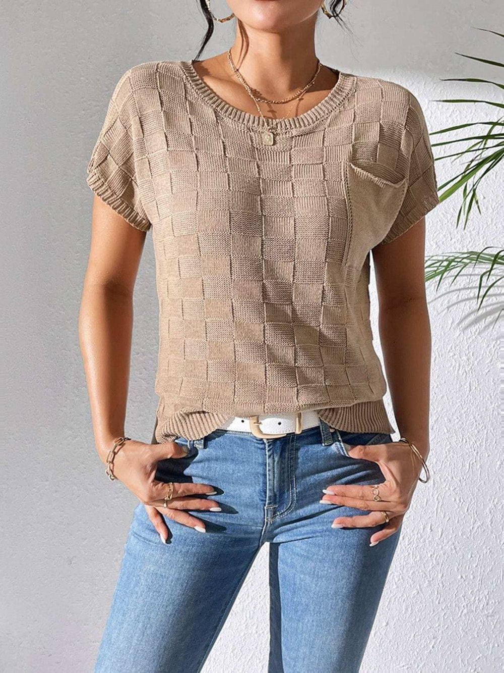 Round Neck Short Sleeve Knit Top - Trendsi - Flyclothing LLC