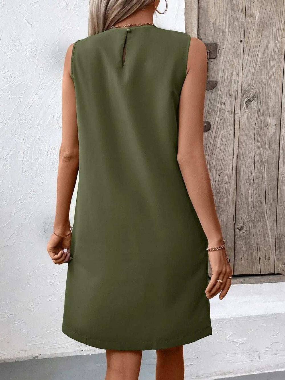 Pocketed Round Neck Sleeveless Mini Dress - Trendsi - Flyclothing LLC