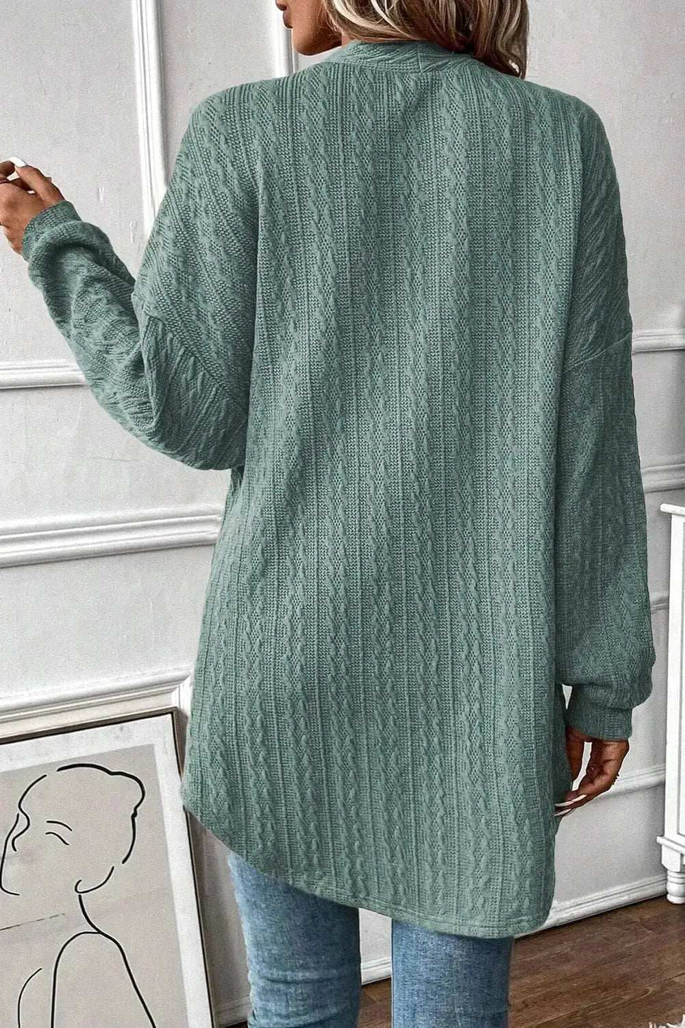 Textured Pocketed Open Front Long Sleeve Cover Up - Trendsi - Flyclothing LLC