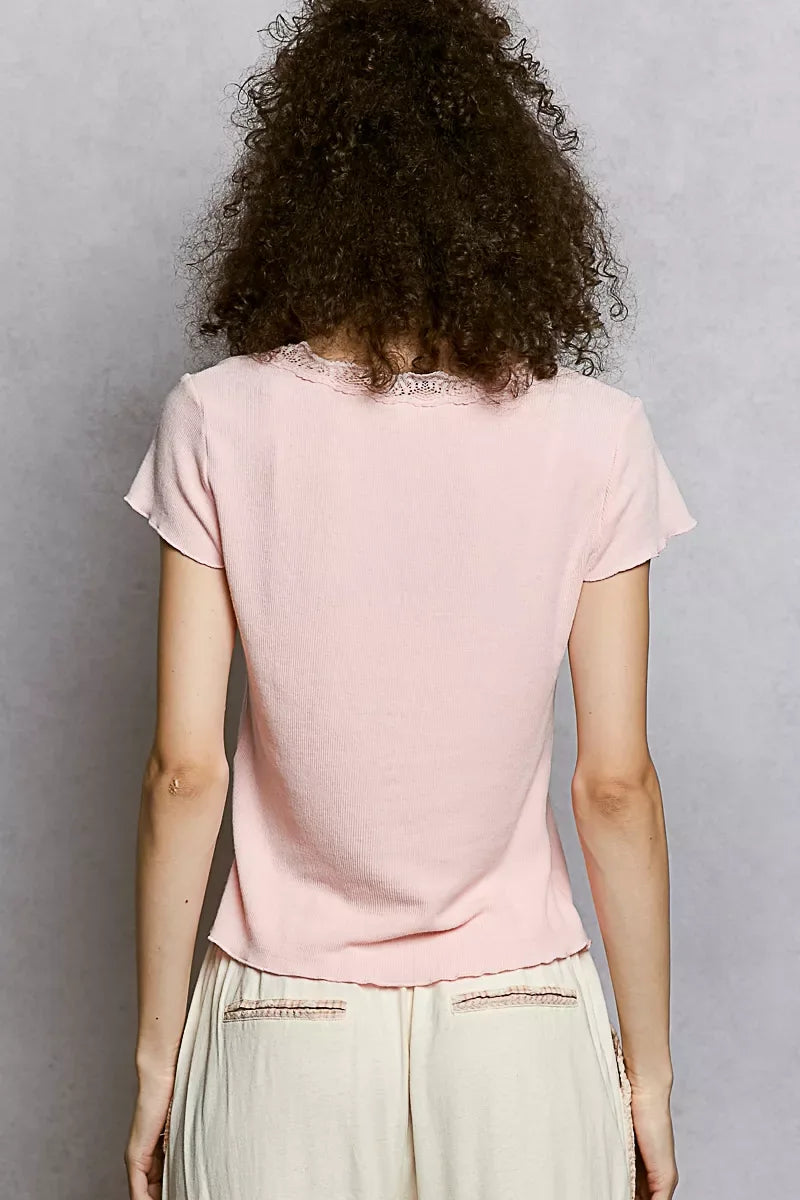 POL Round Neck Short Sleeve Crop T-Shirt with Lace Trim - Trendsi - Flyclothing LLC