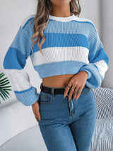 Color Block Round Neck Cropped Sweater - Trendsi - Flyclothing LLC