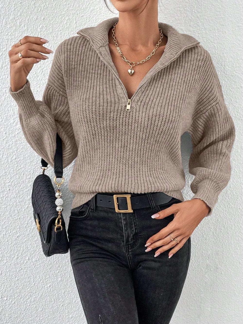 Honey Half Zip Dropped Shoulder Sweater - Trendsi - Flyclothing LLC