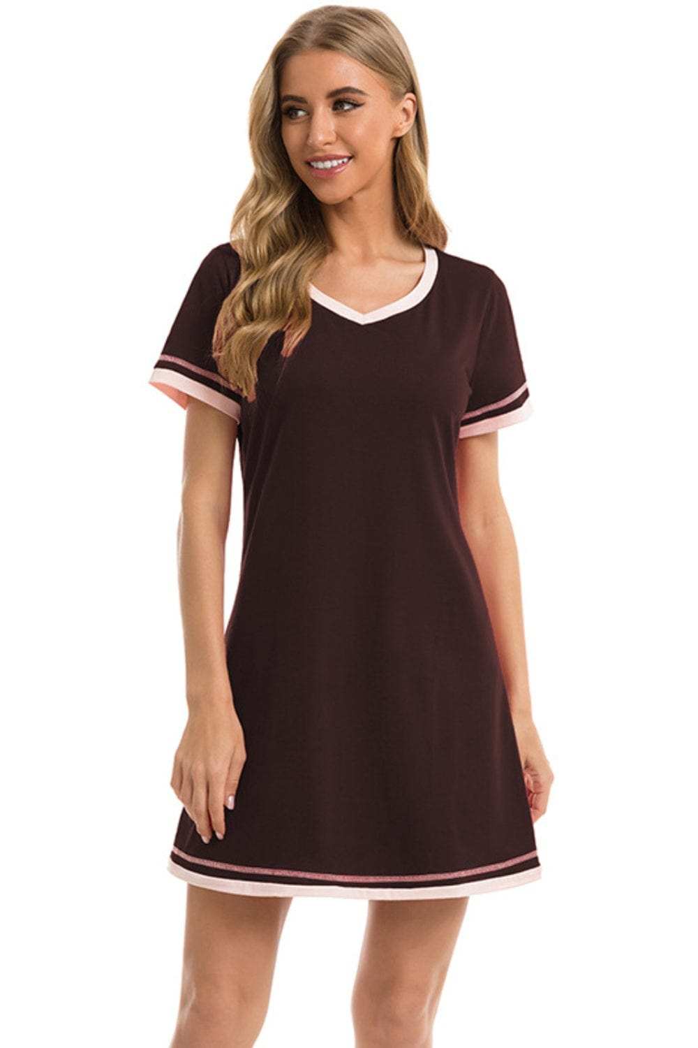 Contrast Trim Short Sleeve Lounge Dress - Trendsi - Flyclothing LLC