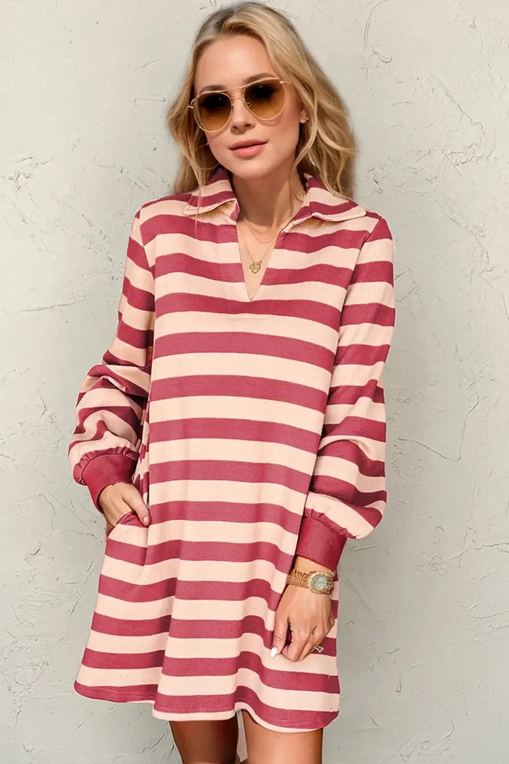 Double Take Full Size Striped Contrast Collared Neck Long Sleeve Dress - Trendsi - Flyclothing LLC