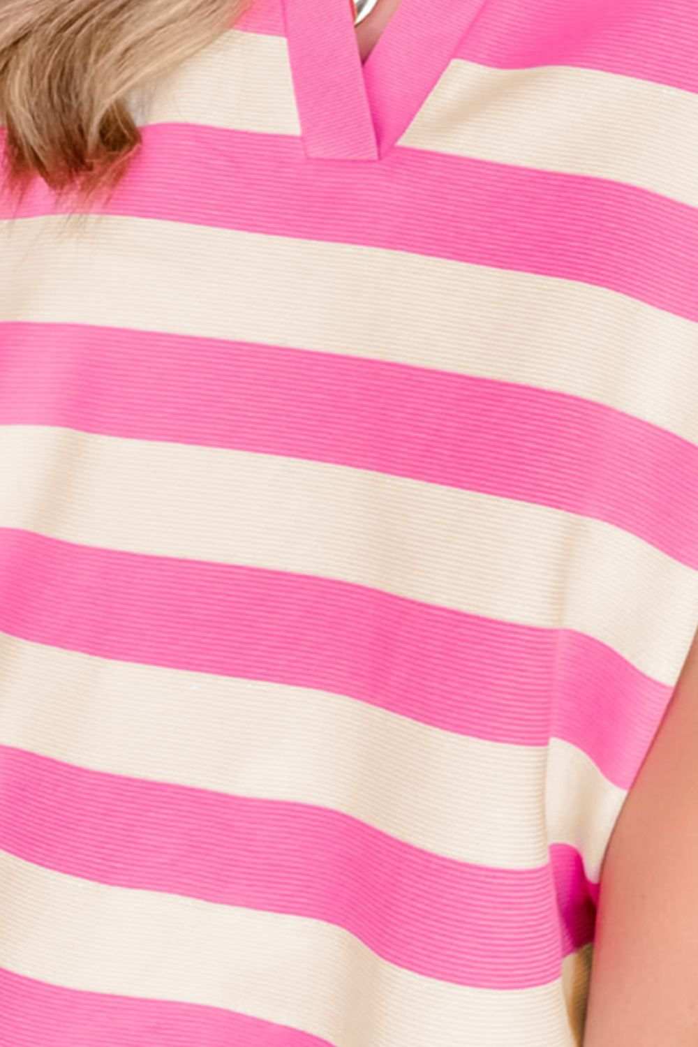 Striped Notched Cap Sleeve Blouse - Trendsi - Flyclothing LLC