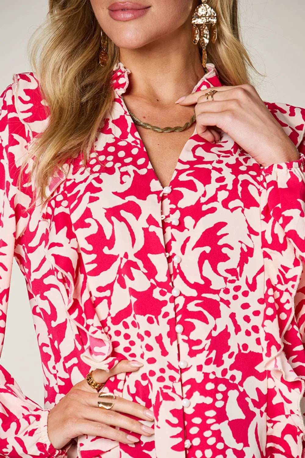 Double Take Full Size Printed Ruffle Trim Balloon Sleeve Shirt - Trendsi - Flyclothing LLC