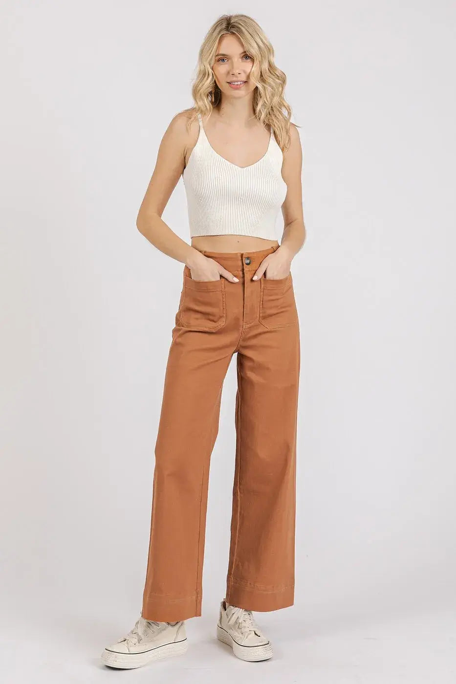 Mittoshop Twill Patch Pocket High Rise Wide Leg Pants - Trendsi - Flyclothing LLC