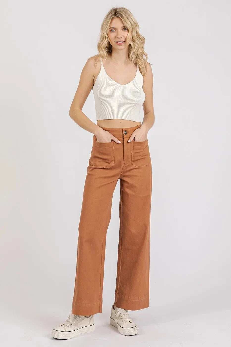 Mittoshop Twill Patch Pocket High Rise Wide Leg Pants - Trendsi - Flyclothing LLC
