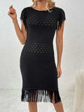 Fringe Openwork Boat Neck Knit Dress - Trendsi - Flyclothing LLC