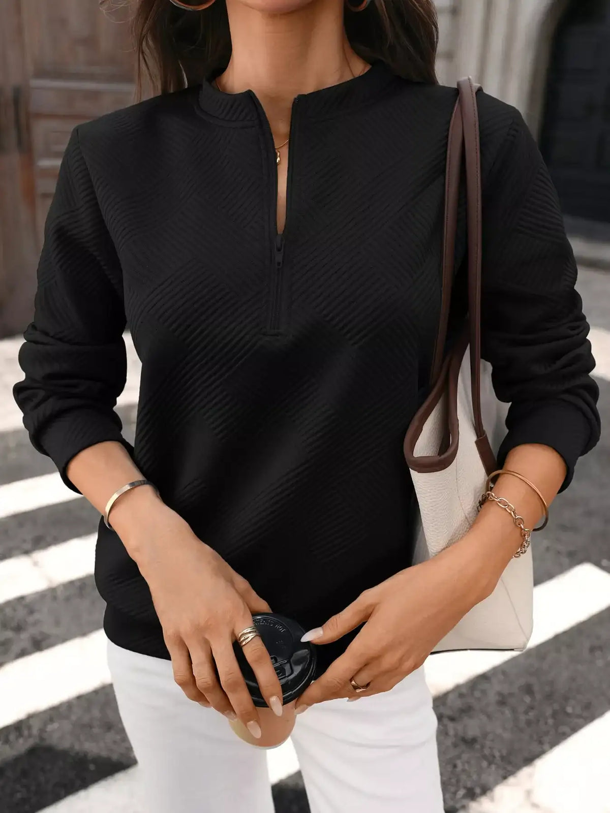 Textured Quarter-Zip Sweatshirt - Trendsi - Flyclothing LLC