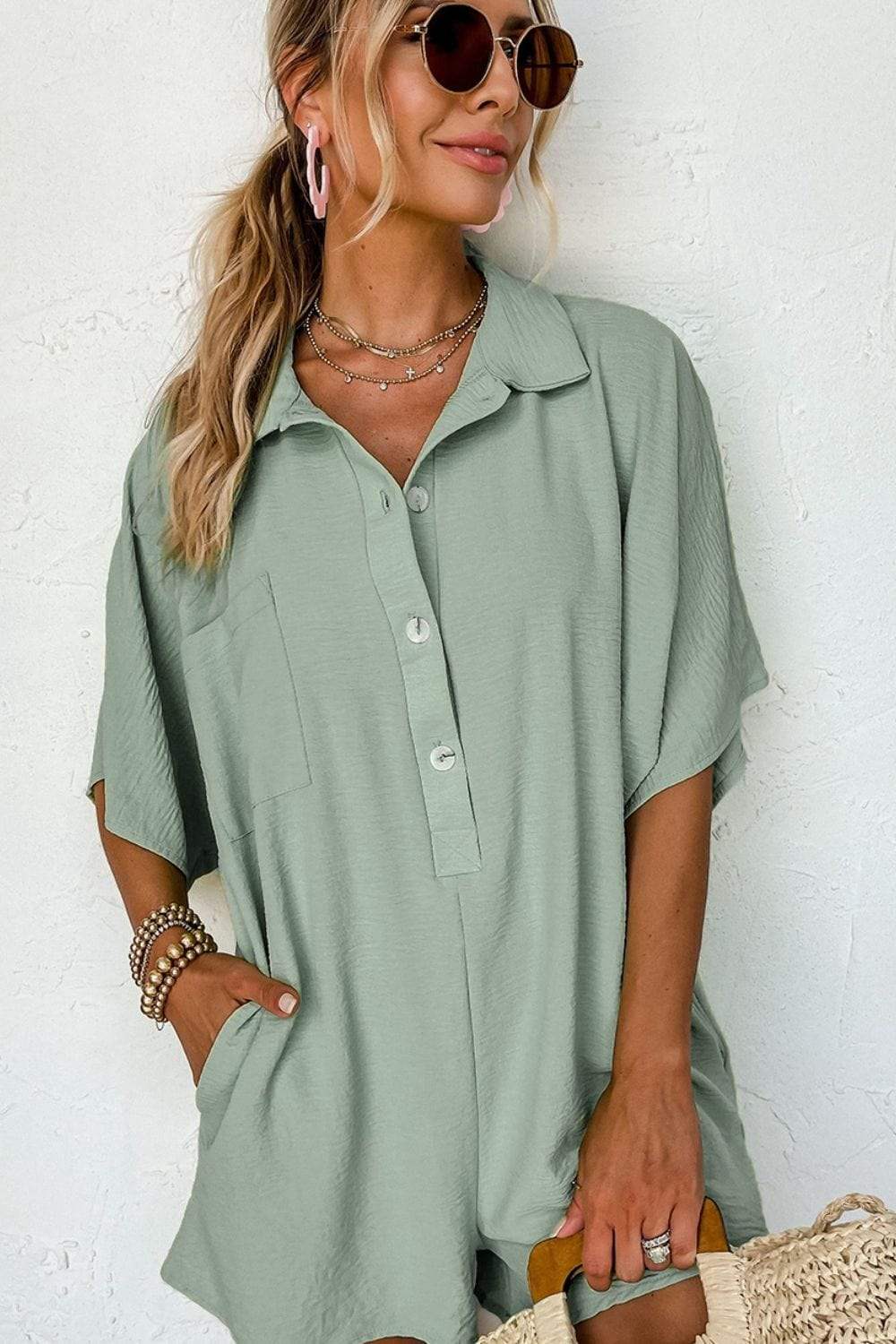 Half Button Collared Neck Romper - Trendsi - Flyclothing LLC