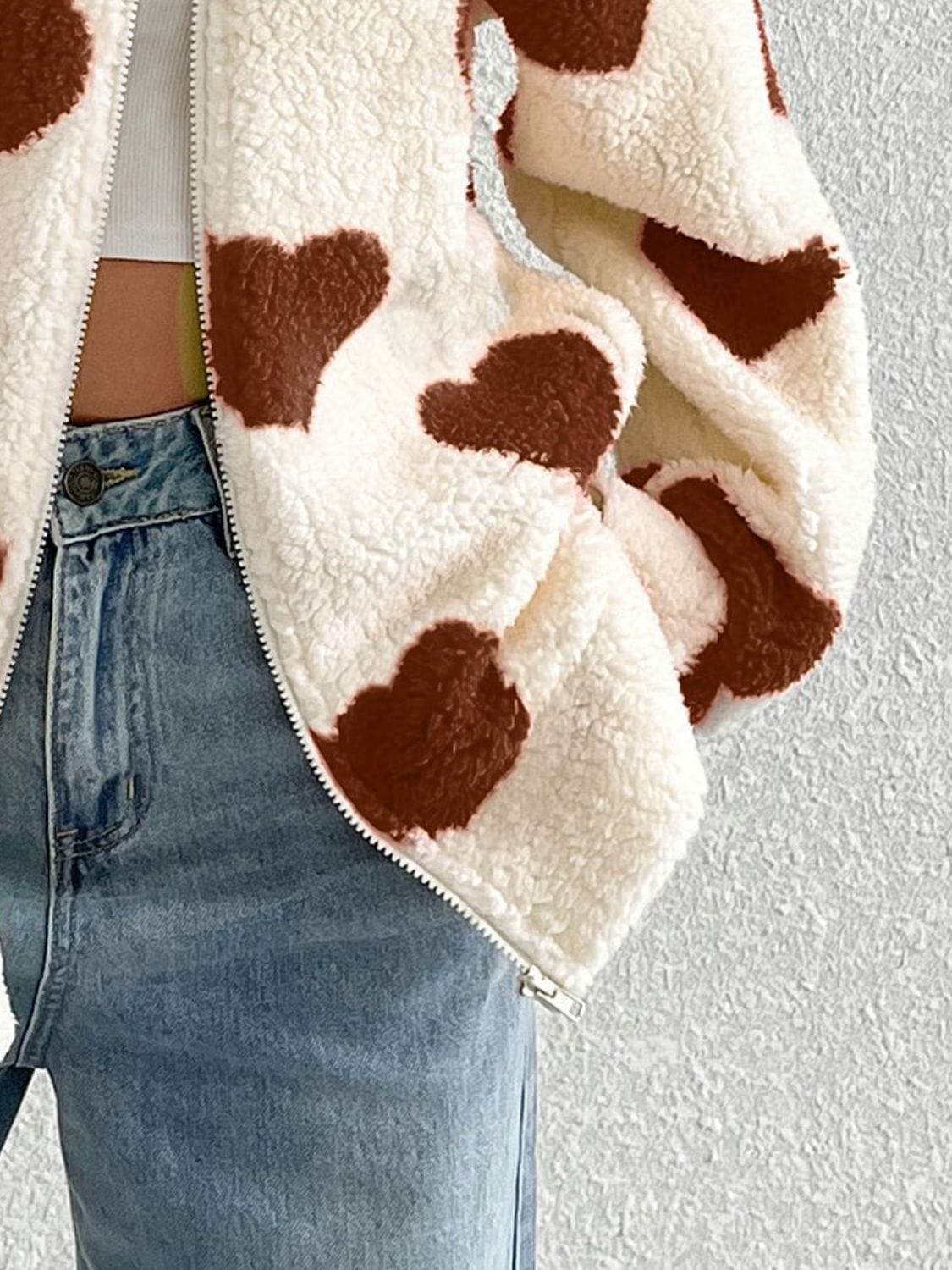 Heart Zip Up Drop Shoulder Furry Jacket - Trendsi