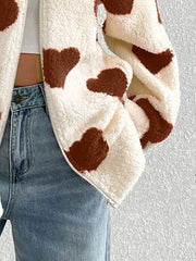Heart Zip Up Drop Shoulder Furry Jacket - Trendsi